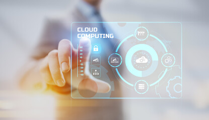 Cloud technology networking processing data storage. Businessman pressing button on screen.