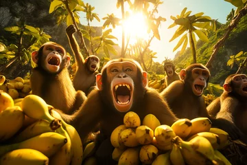 Fotobehang Illustration of monkeys near the banana plant in tropical forest © zamuruev