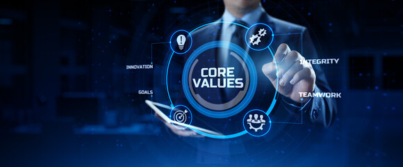 Core values Responsibility Innovation. Businessman pressing button on screen.
