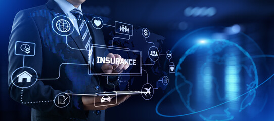 Fototapeta na wymiar Insurance Insurtech. Businessman pressing button on screen.