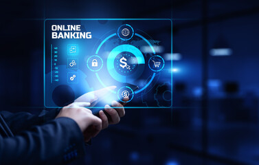 Online banking e-banking digital finance technology. Businessman pressing button on screen.