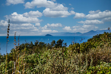 Marine panorama from Cala Moresca towards the island of Elba Piombino Livorno Tuscany Italy