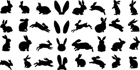 Rabbit silhouettes vector illustration, perfect for Easter, spring celebrations. Features adorable, fluffy bunnies in various poses - hopping, sitting, standing. Ideal for nature, wildlife themes - obrazy, fototapety, plakaty