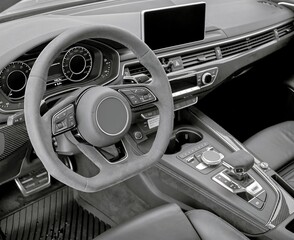 Car steering wheel and interior background, modern city car elements close view. Car inside interior