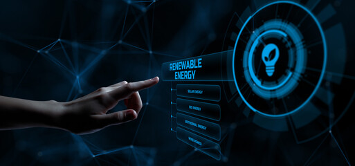 Renewable energy ecology saving green technology concept. Hands pressing button virtual screen.