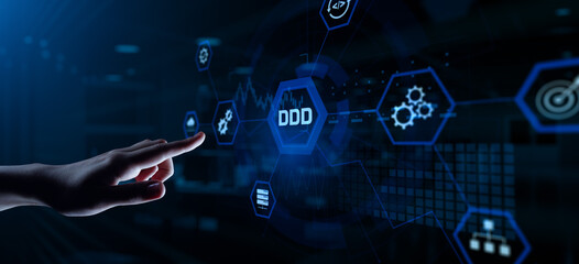 DDD Domain driven design. Hands pressing button virtual screen.