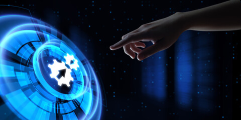 Integration data system technology concept. Hand pressing virtual button.
