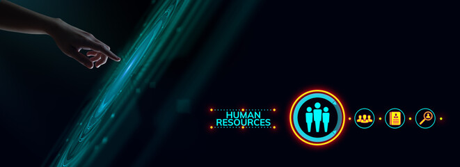HR Human resources management Recruitment Headhunting. Hand pressing button on screen. - obrazy, fototapety, plakaty