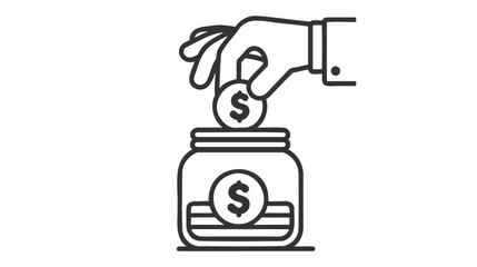 Black outlined vector illustration showcasing a hand placing a coin with a dollar sign into a jar or savings pot.