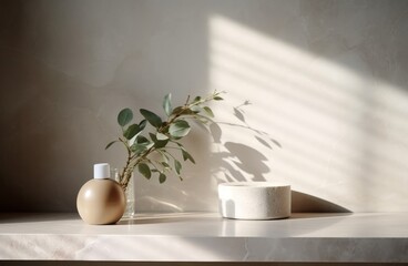 Minimal marble stone counter with cosmetic beauty products  and leaf shadow on cement wall background. Generative AI
