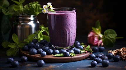 A blueberry smoothie with mixed leaves