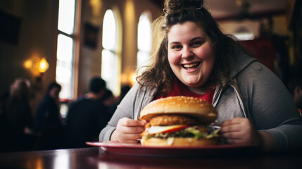 Smiling fat white woman eating burger in a restaurant