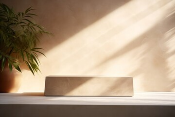 Minimal empty marble stone counter with sunlight, leaf shadow on cement wall background. Generative AI