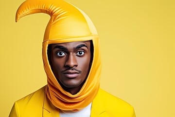 Young African American man in banana suit with surprised expression standing over isolated background.