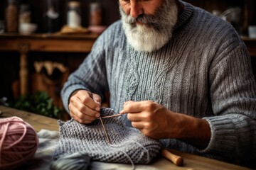 An elderly craftsman in a closed workshop, an experienced and passionate artisan who has been pursuing his hobby all his life.