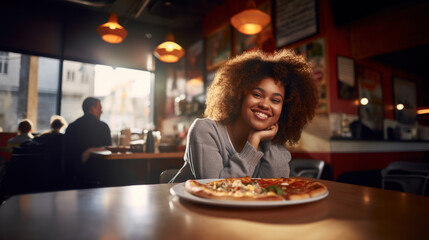 Young smiling black woman going to eat pizza in a restaurant