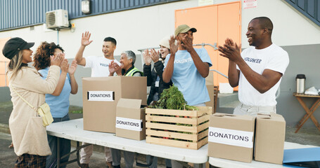 Volunteer, celebration and people with box for donation, charity drive and community service....