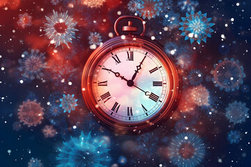 Fototapeta na wymiar New year clock with Christmas decorations
