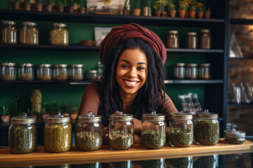Smiling girl, owner of cannabis dispensary or coffee shop - obrazy, fototapety, plakaty