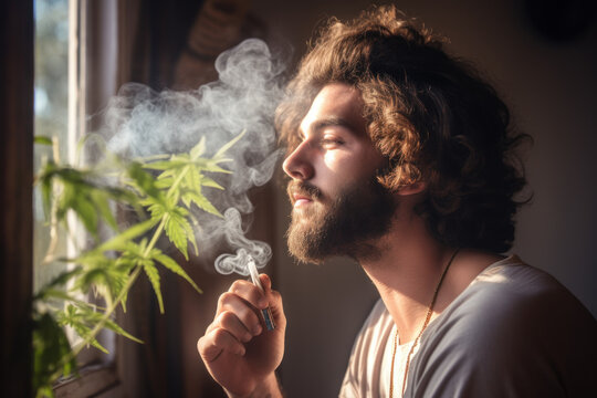 Young marijuana user smoking cannabis joint or cart near the window