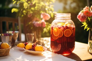 Jar of sangria wine on table served outside in sunny weather