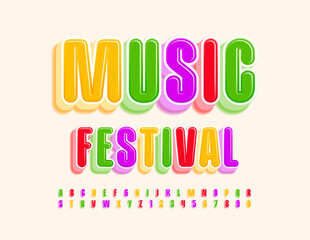 Vector creative Emblem Music Festival. Bright Colorful 3D Font. Set of Creative Alphabet Letters and Numbers.
