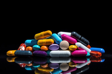 Heap of ecstasy pills on black reflective surface