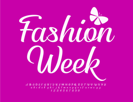 Vector elegant banner Fashion Week with decorative Butterfly. Set of stylish Alphabet Letters and Numbers. White cursive Font