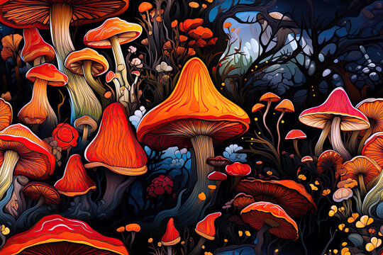 seamless pattern with poisonous hallucinogenic mushrooms fly agarics amanita toadstool on multicolored psychedelic background in fairy tale forest