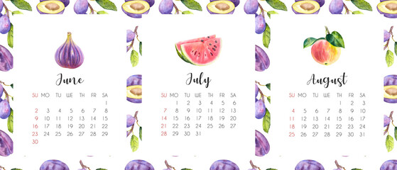 Watercolor summer 2024 calendar. Hand drawn botanical summer 2024 calendar with fruit.