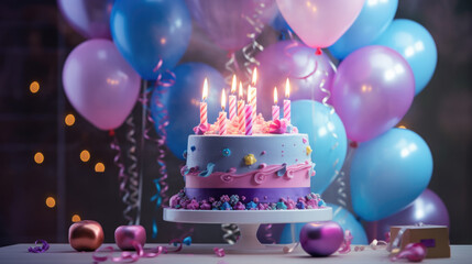 Birthday cake, candles and colorful balloons over light violet.