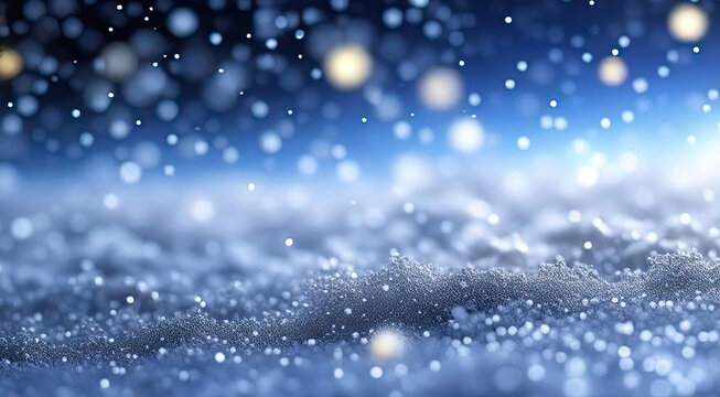 Shiny snowfall texture for design.Abstract glittering blue snowy background with bokeh.Winter holidays banner.Generative AI