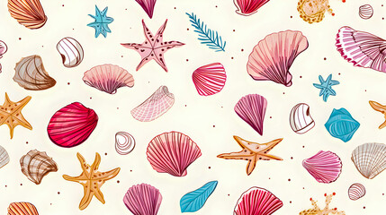 seamless pattern of hand drawn seashells,check pattern ,wrapping and all prints