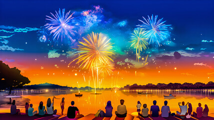 watorcolor style of people watching fireworks by the water in Scenery of the summer festival.