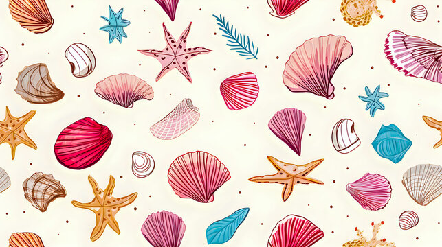 seamless pattern of hand drawn seashells,check pattern ,wrapping and all prints