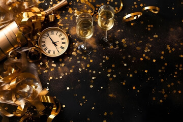 New Year's Eve clock and gold Christmas decorations background copy space