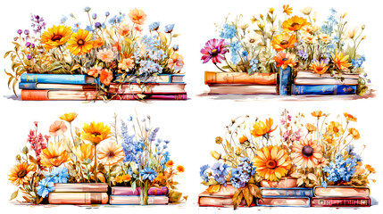 watercolor style of Books with flowers flat icons set. Cartoon floral decorations. Wildflowers decor for literature. Poppy, sunflower, forget-me-not, cornflower bouquet on book. Color isolated on whit