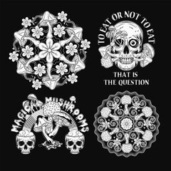 Creepy labels with text, mushrooms, human skull. Concept of madness. Circular patterns with shrooms. Vintage style. For fantasy, groovy, hippie, mystical, surreal design Not AI.
