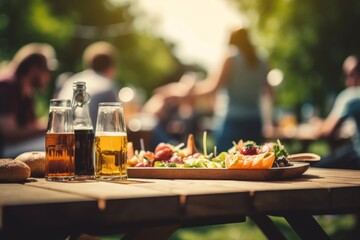 Beer and food on the table with the blurred people and picnic in the background. Generative AI - obrazy, fototapety, plakaty