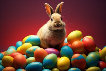 Fototapeta na wymiar Easter bunny on a pile of colourful easter eggs, Generative AI