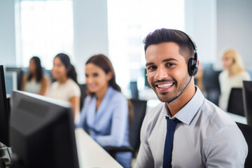 Call centre specialist, help desk service operator talking with client