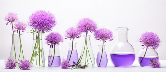 Top view of laboratory glassware containing purple wild onion flowers on white background