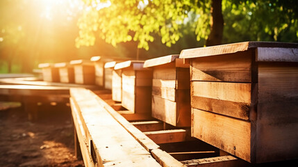 Closeup of honey hives in an apiary, sunny day. Apiculture concept. Generative AI - obrazy, fototapety, plakaty