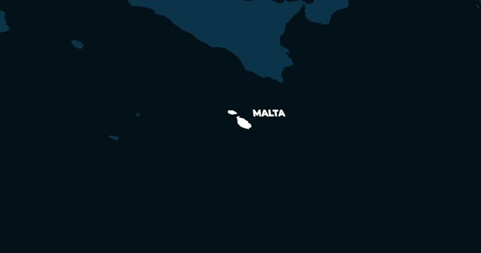 World Map Zoom In To Malta. Animation in 4K Video. White Malta Territory On Dark Blue World Map