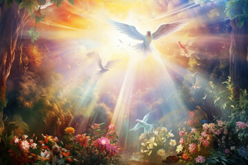 The concept of ``Garden of Eden'' that appears in the Old Testament ``Genesis''. A dove in the sky of "Paradise". The garden is filled with light filled with happiness, hope, and love.