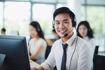 Call centre specialist, help desk service operator talking with client
