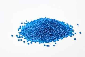 Stack of a blue plastic polymer granules on a white background, copy space, Generative AI