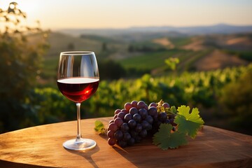 A glass of red wine on a wooden table against a backdrop of a panoramic view of lush vineyards at...