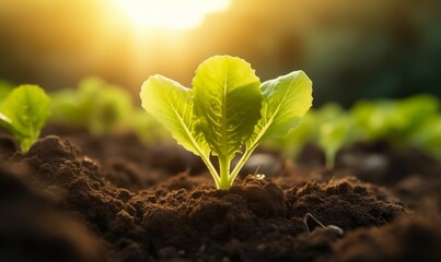 Close up  a small lettuce seedling on plantation at sunrise, Concept of Sustainability and healthy food. Generative AI