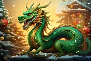 A cute cartoon green dragon sits next to the Christmas tree. The fabulous green wooden dragon is...